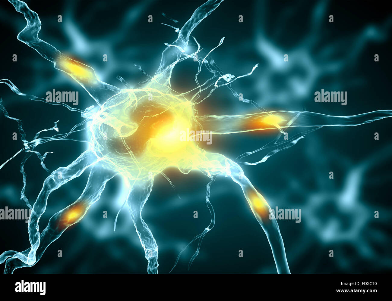 Illustrazione di una cellula nervosa su uno sfondo colorato con effetti di luce Foto Stock