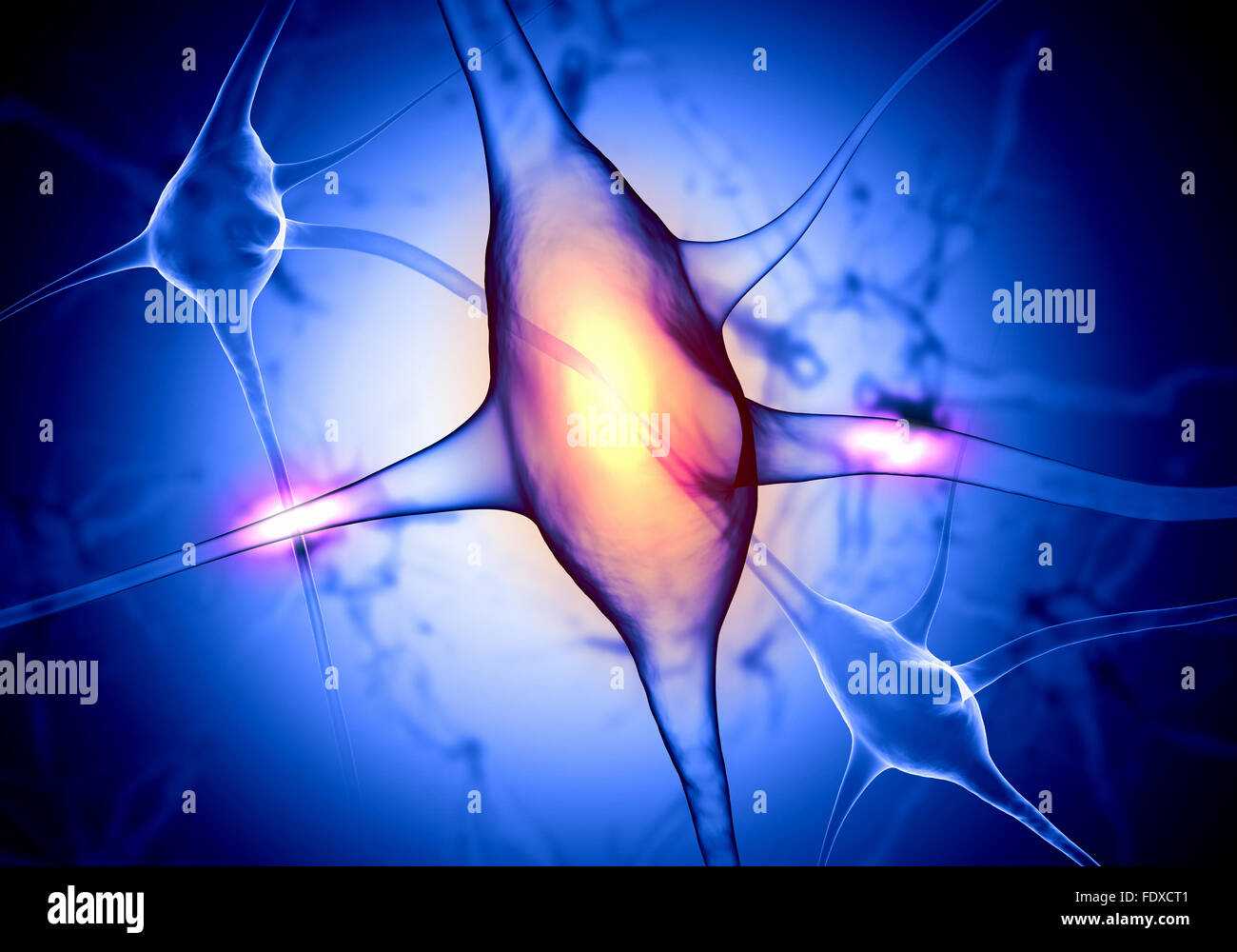 Illustrazione di una cellula nervosa su uno sfondo colorato con effetti di luce Foto Stock