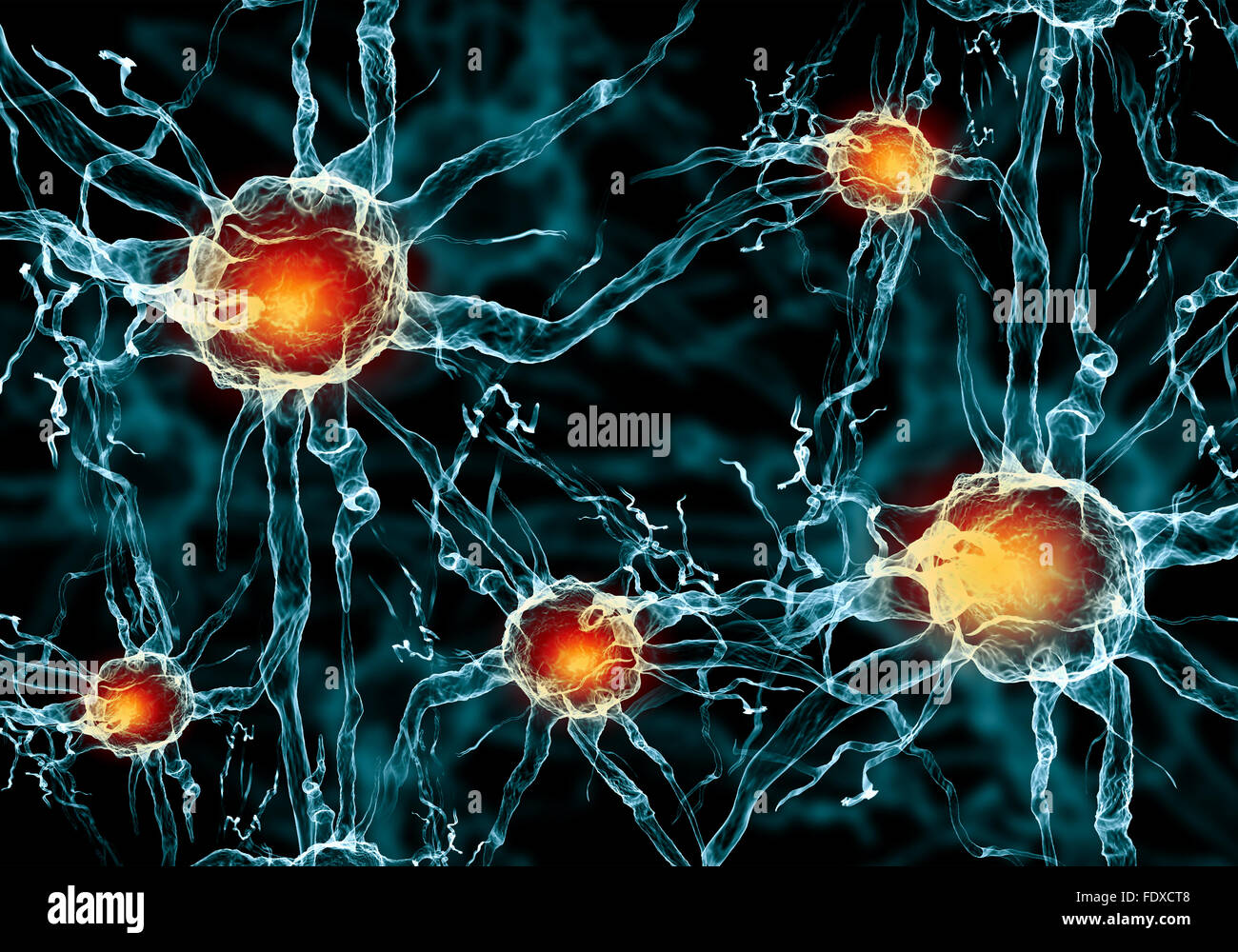 Illustrazione di una cellula nervosa su uno sfondo colorato con effetti di luce Foto Stock