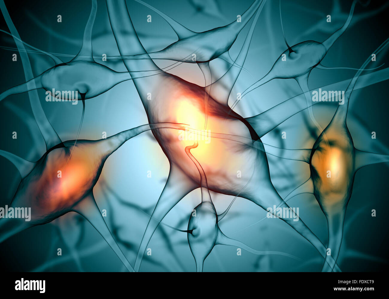 Illustrazione di una cellula nervosa su uno sfondo colorato con effetti di luce Foto Stock
