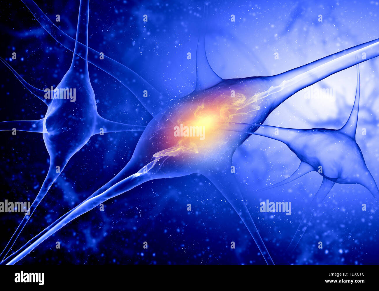 Illustrazione di una cellula nervosa su uno sfondo colorato con effetti di luce Foto Stock