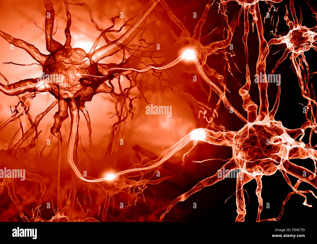 Illustrazione di una cellula nervosa su uno sfondo colorato con effetti di luce Foto Stock
