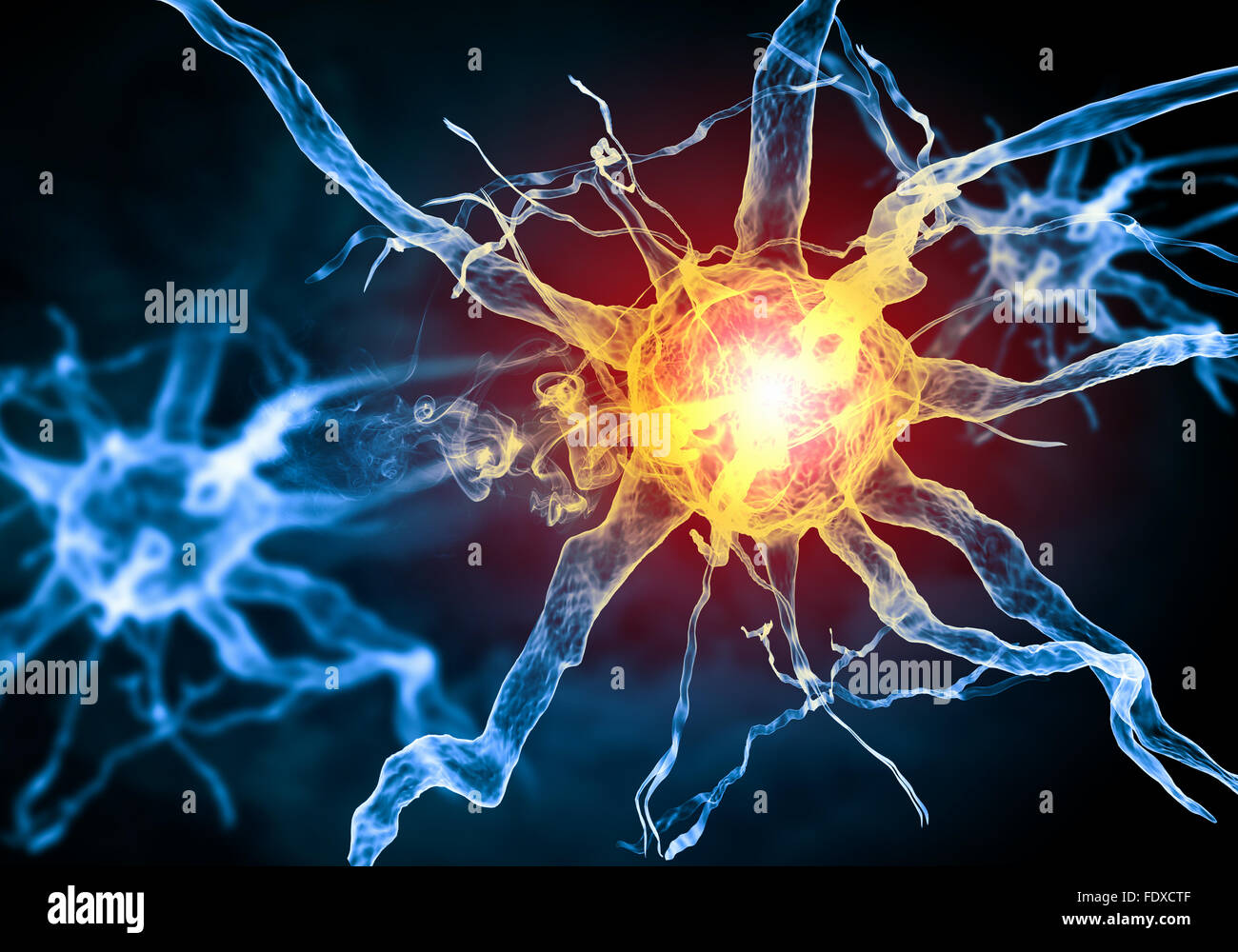 Illustrazione di una cellula nervosa su uno sfondo colorato con effetti di luce Foto Stock