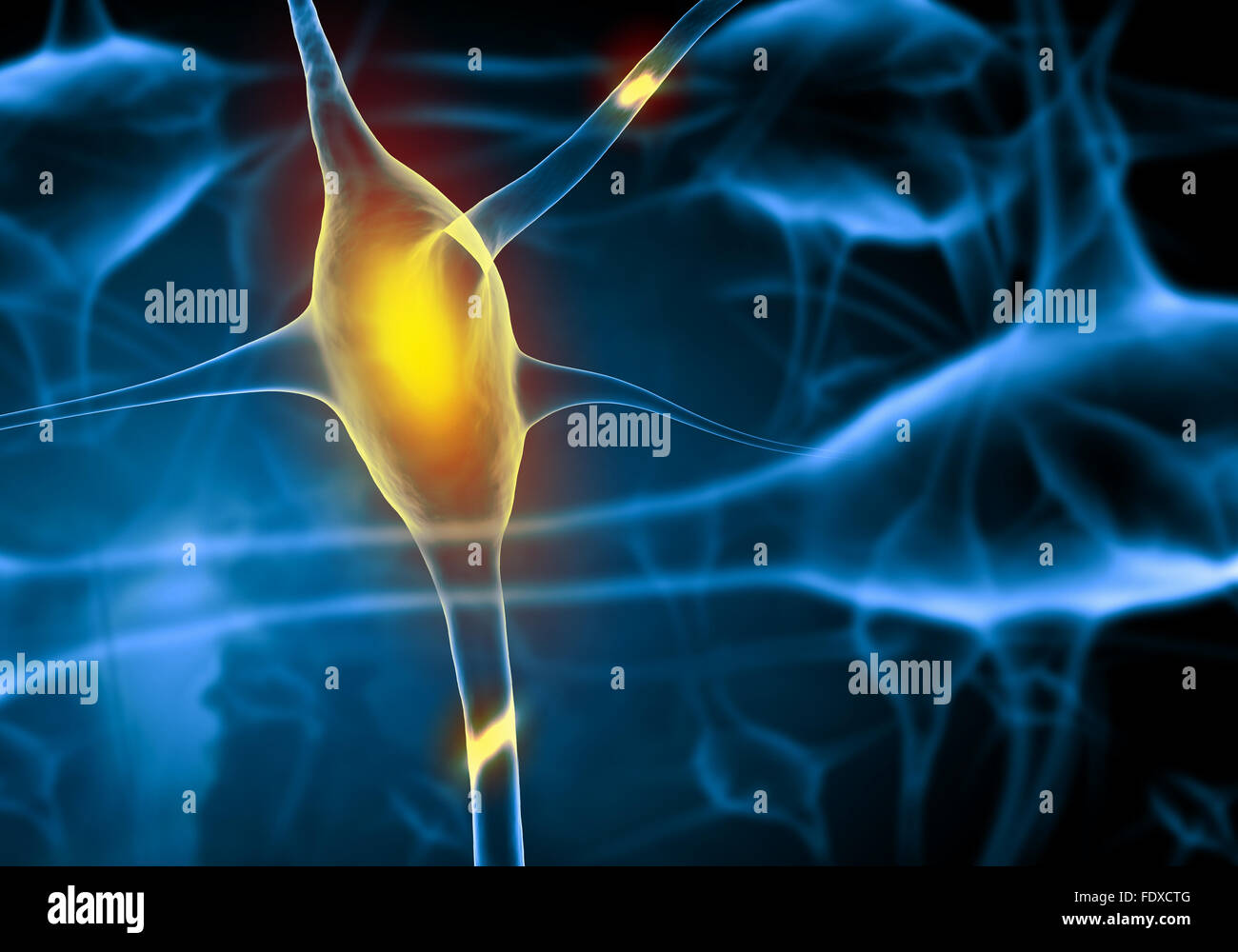 Illustrazione di una cellula nervosa su uno sfondo colorato con effetti di luce Foto Stock