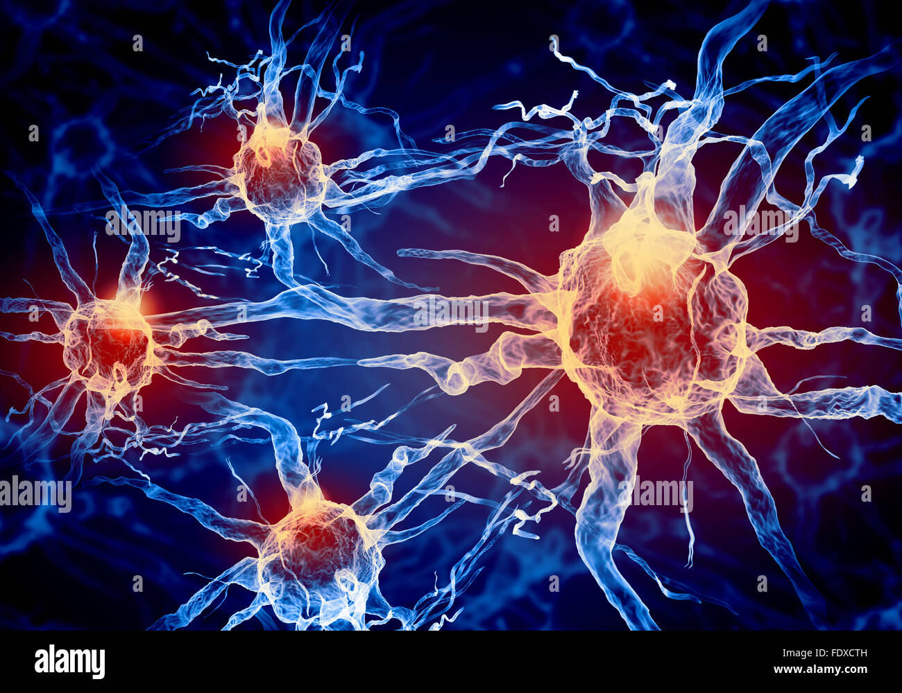 Illustrazione di una cellula nervosa su uno sfondo colorato con effetti di luce Foto Stock