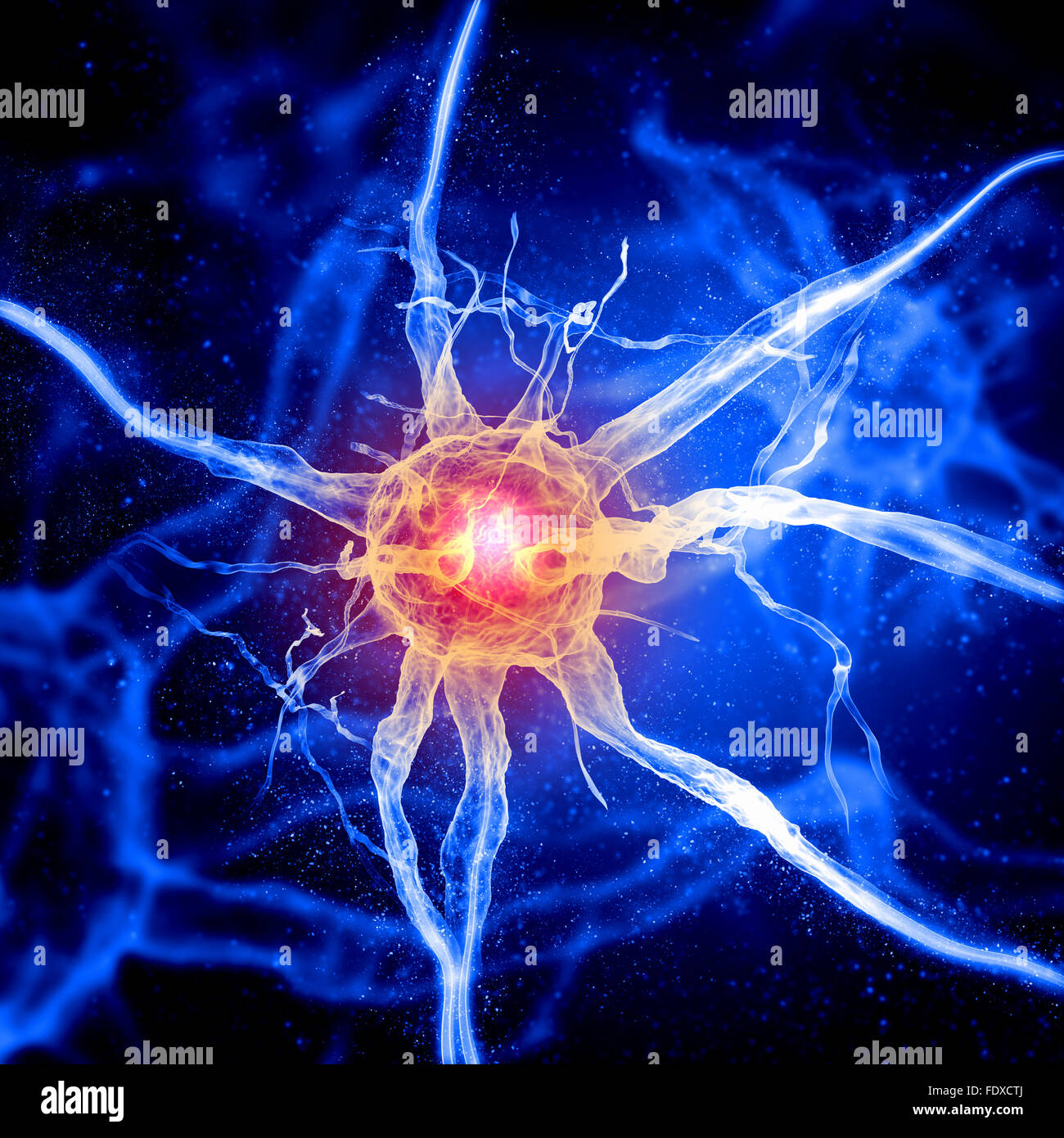 Illustrazione di una cellula nervosa su uno sfondo colorato con effetti di luce Foto Stock