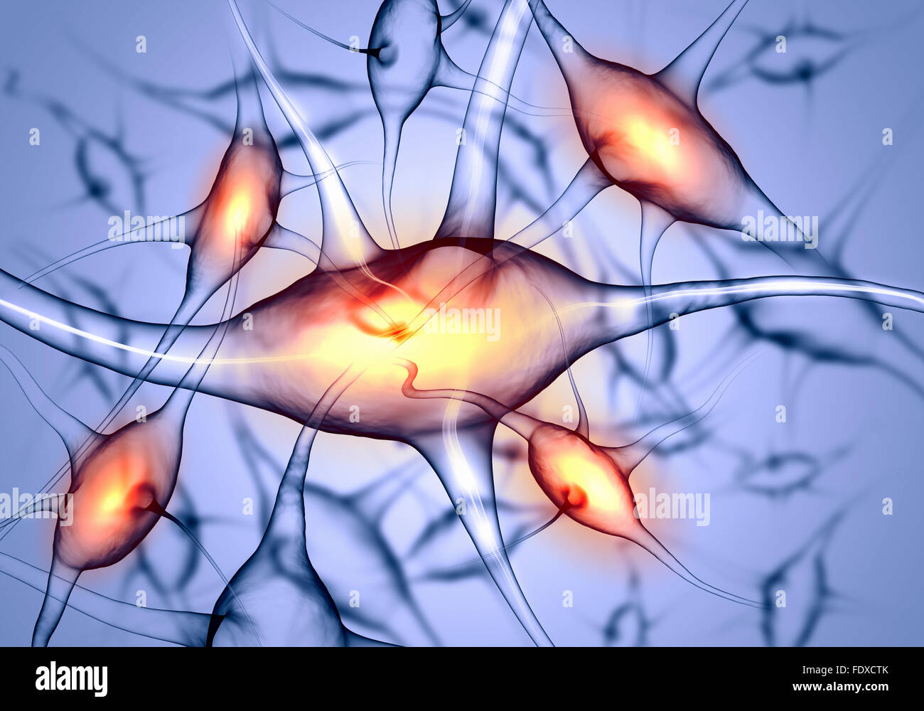 Illustrazione di una cellula nervosa su uno sfondo colorato con effetti di luce Foto Stock