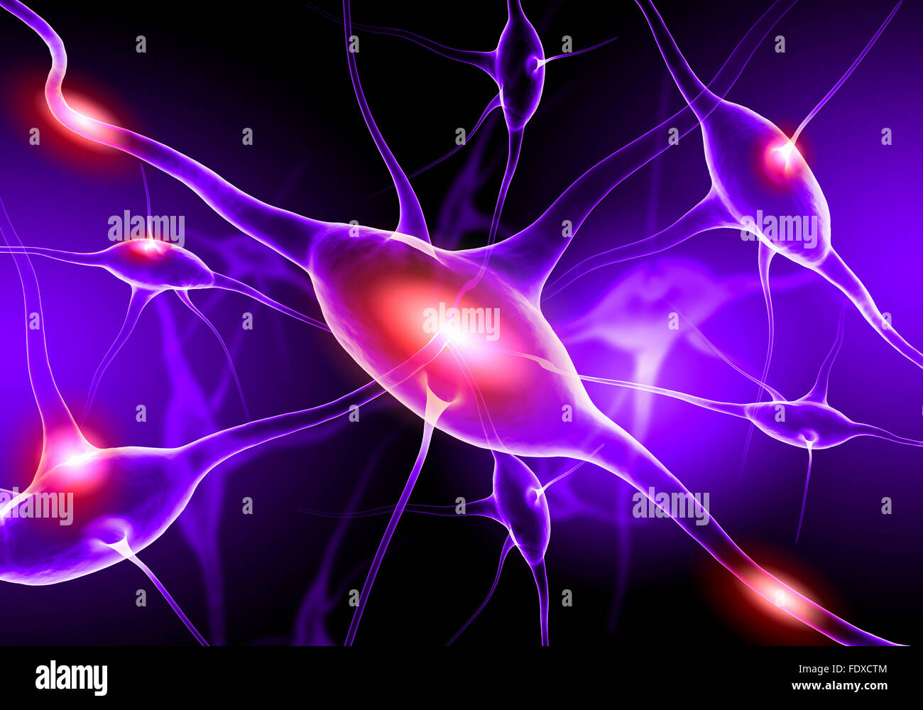 Illustrazione di una cellula nervosa su uno sfondo colorato con effetti di luce Foto Stock