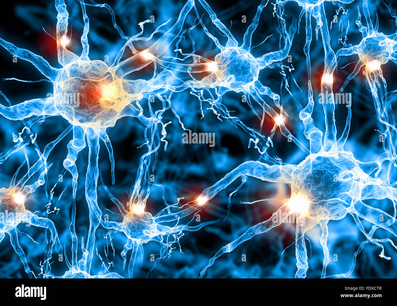 Illustrazione di una cellula nervosa su uno sfondo colorato con effetti di luce Foto Stock