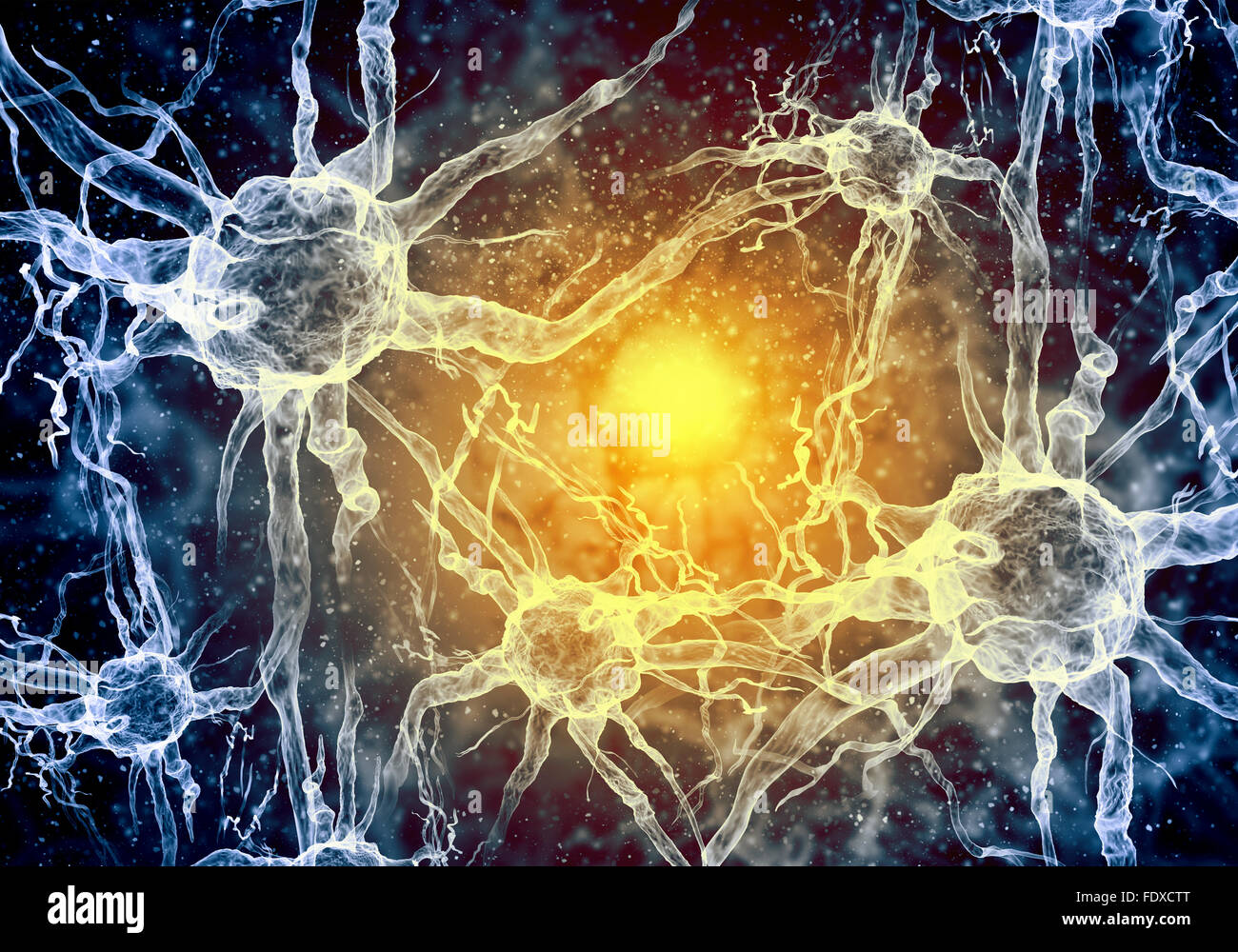 Illustrazione di una cellula nervosa su uno sfondo colorato con effetti di luce Foto Stock