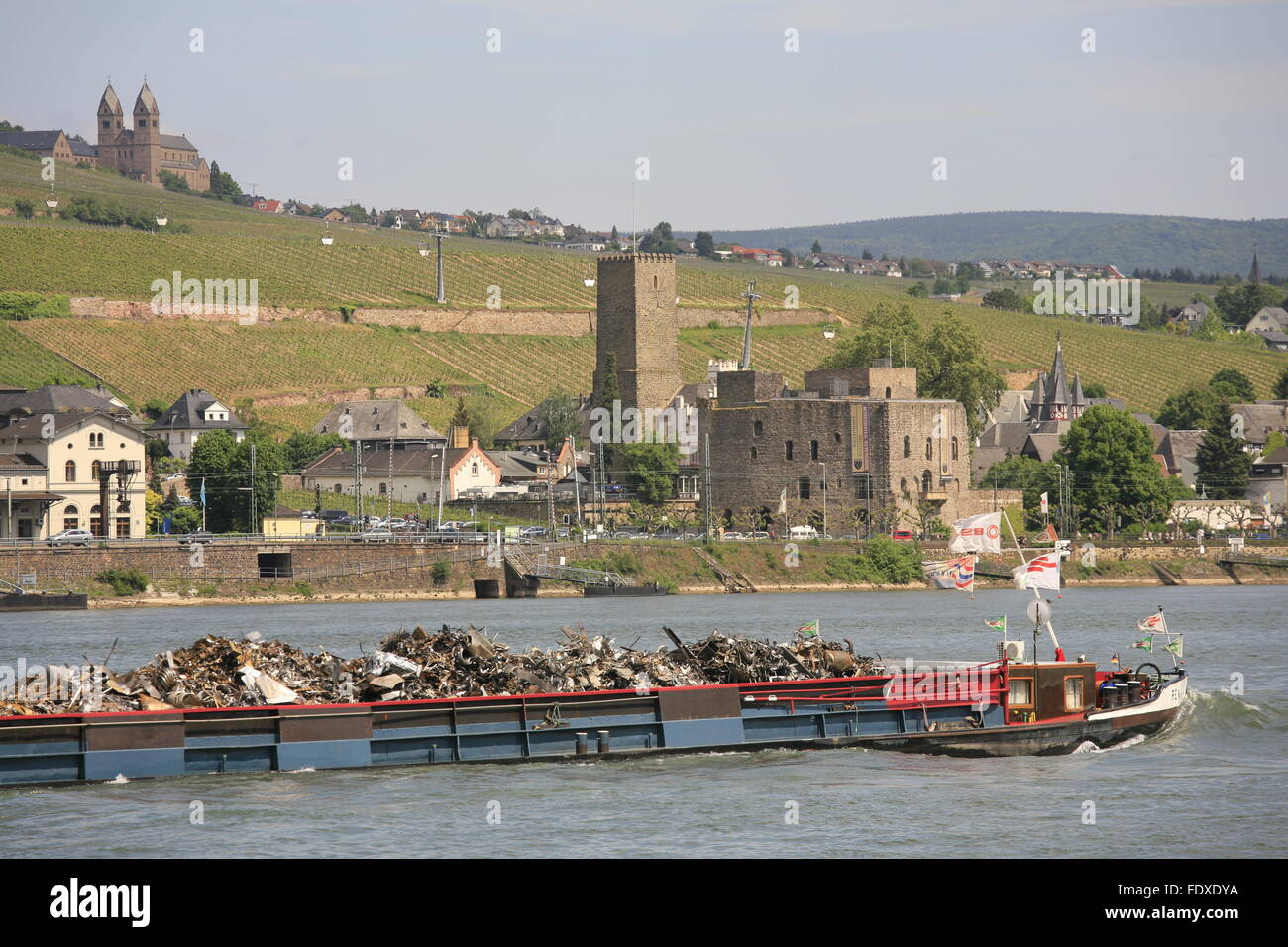 Deutschland, Renania-Palatinato, Bingen am Rhein, Blick auf das hessische gegenueberliegende Ufer mit Ruedesheim am Rhein Foto Stock