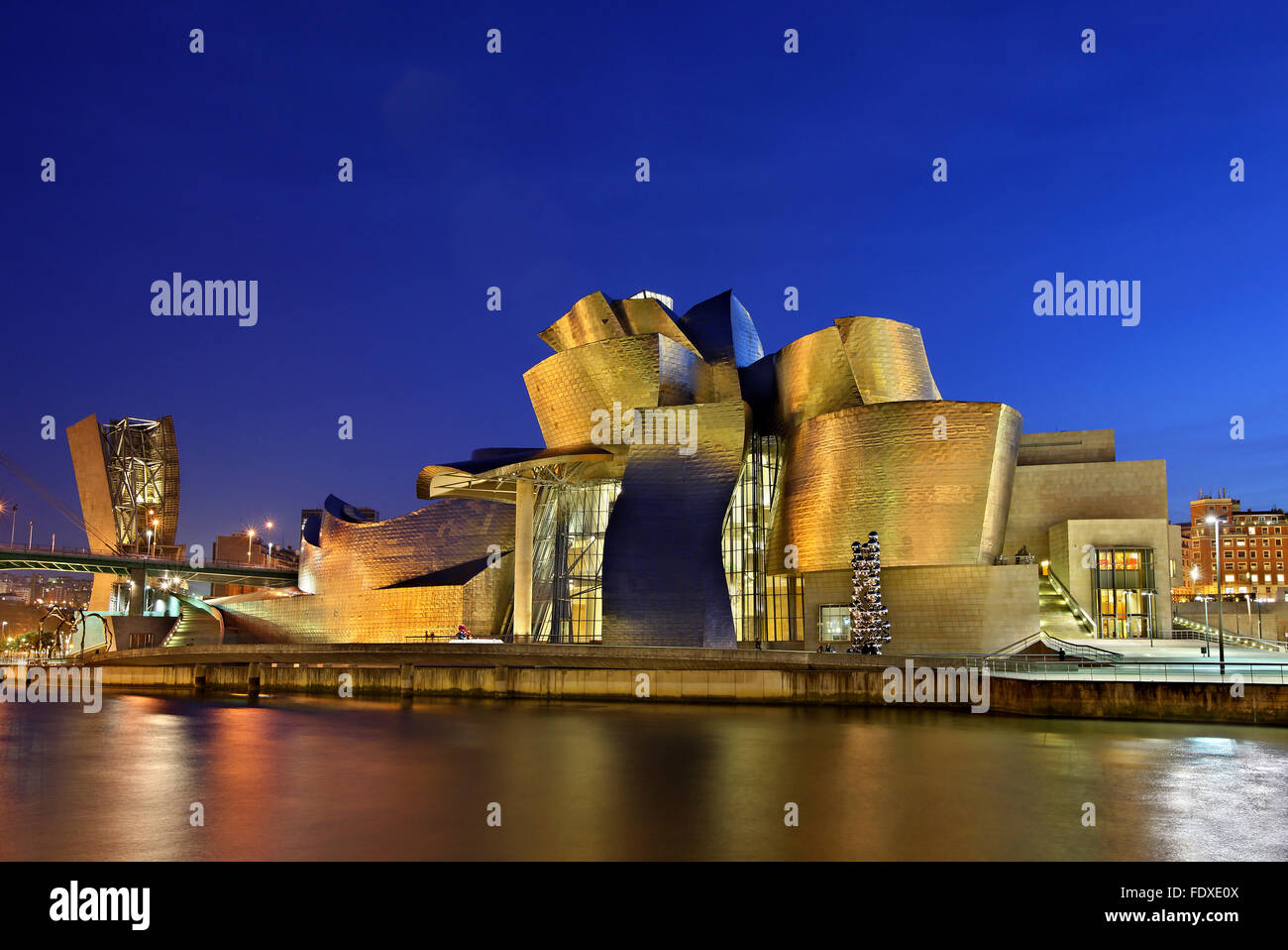 Il museo Guggenheim accanto al fiume Nervion (ria del Nervion), Bilbao, Paese Basco (Pais Vasco), Spagna. Foto Stock