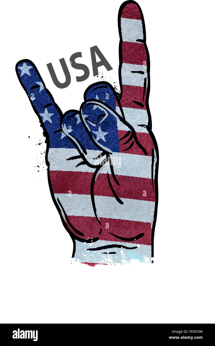 Il gesto a mano cool, rock and roll. bandiera degli Stati Uniti d'America. illustrazione vettoriale Illustrazione Vettoriale