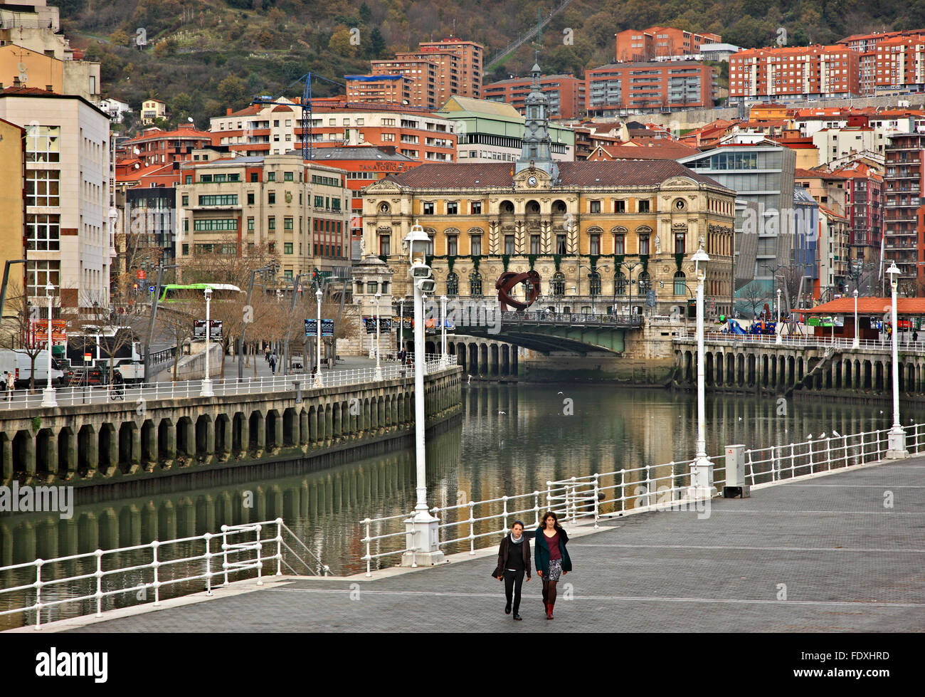 Vista parziale di Bilbao e del fiume Nervion. È possibile vedere il Municipio. Paesi Baschi, Spagna. Foto Stock