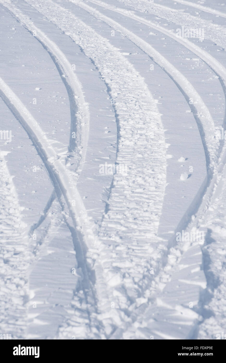 Le piste e le curve da motoslitta skies tagliare un sentiero la neve fresca. Foto Stock