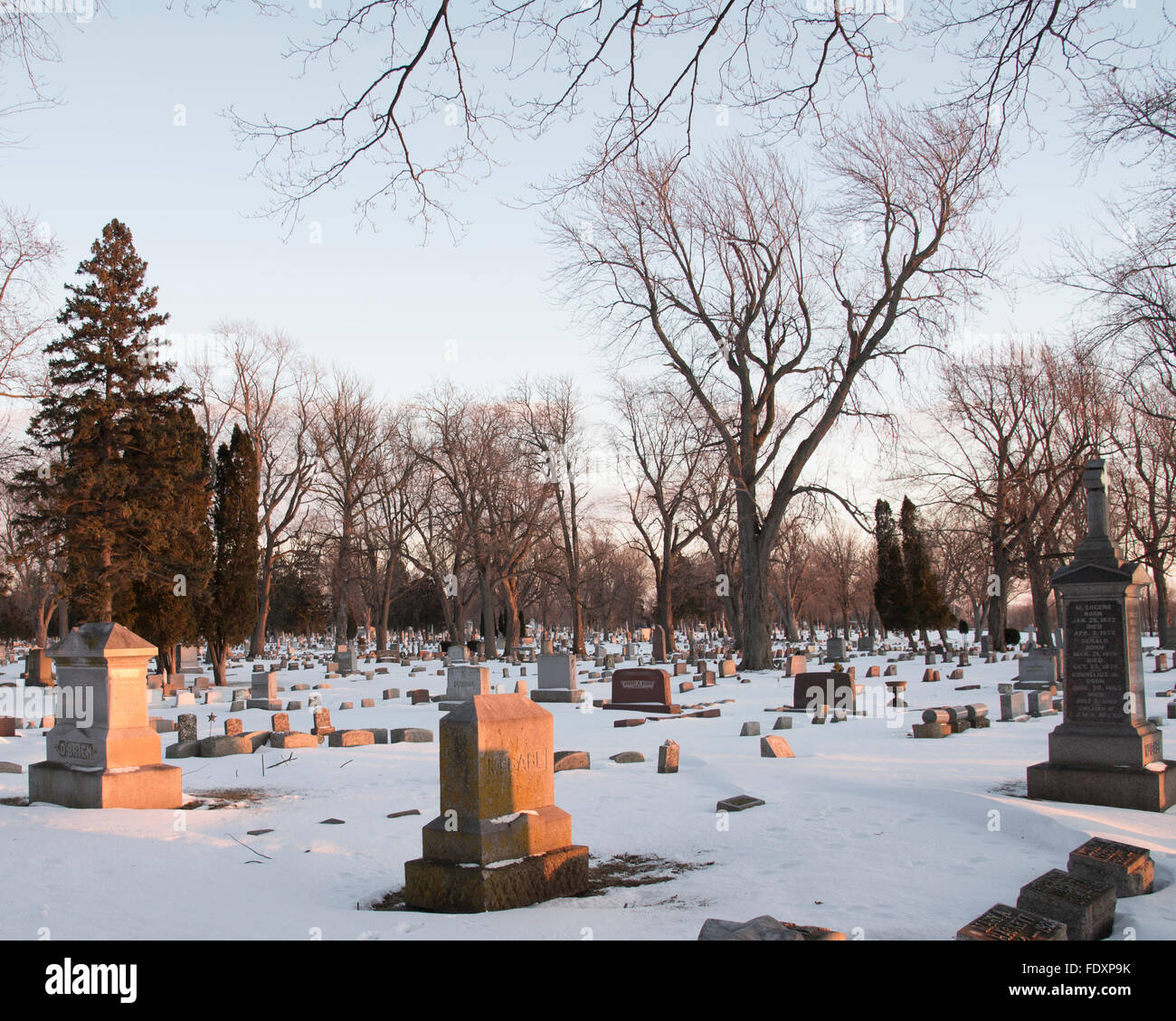 Luce calda si ritiene che le catture di lapidi, e grave i marcatori di un cimitero con alberi e neve in inverno. Foto Stock