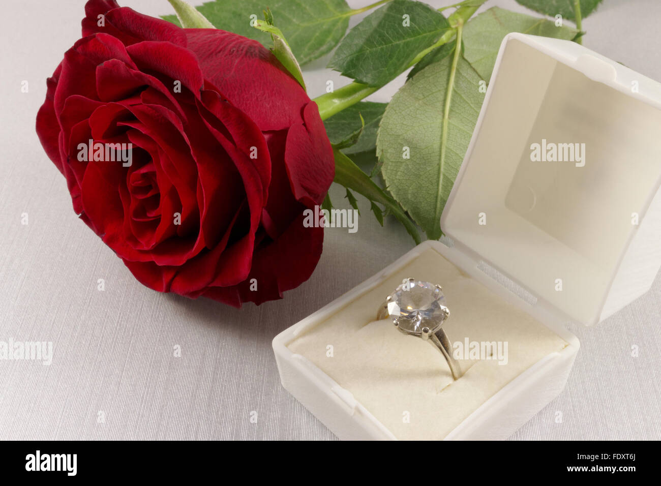 Primo piano di una rosa rossa e la casella bianca con golden anello di fidanzamento Foto Stock