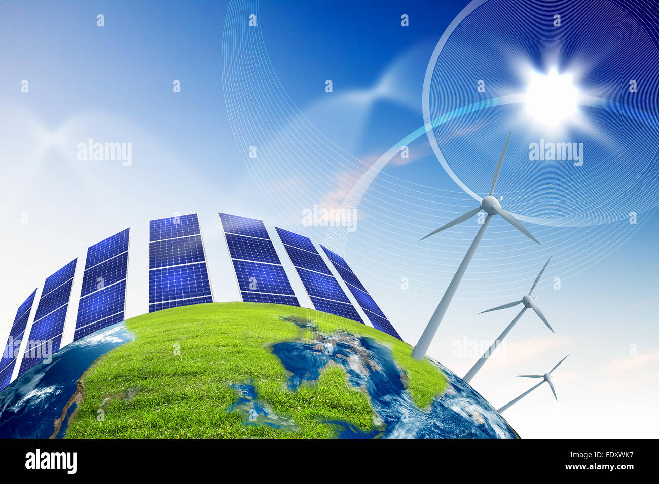 Green Planet Earth con energia solare batterie installate su di esso Foto Stock