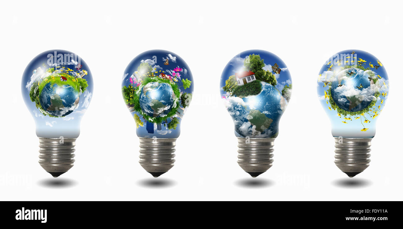 Quattro lampadine con casa e natura paesaggio interno Foto Stock