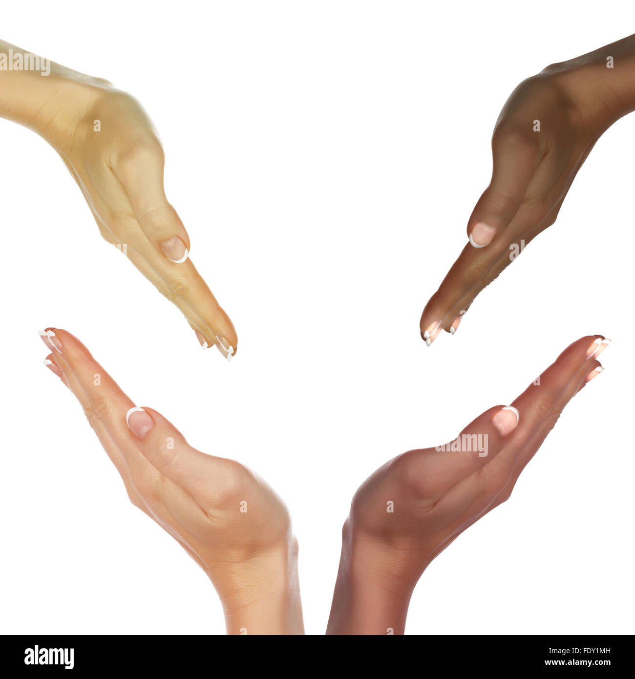 Foto di mani umane delle persone di razze differenti Foto Stock