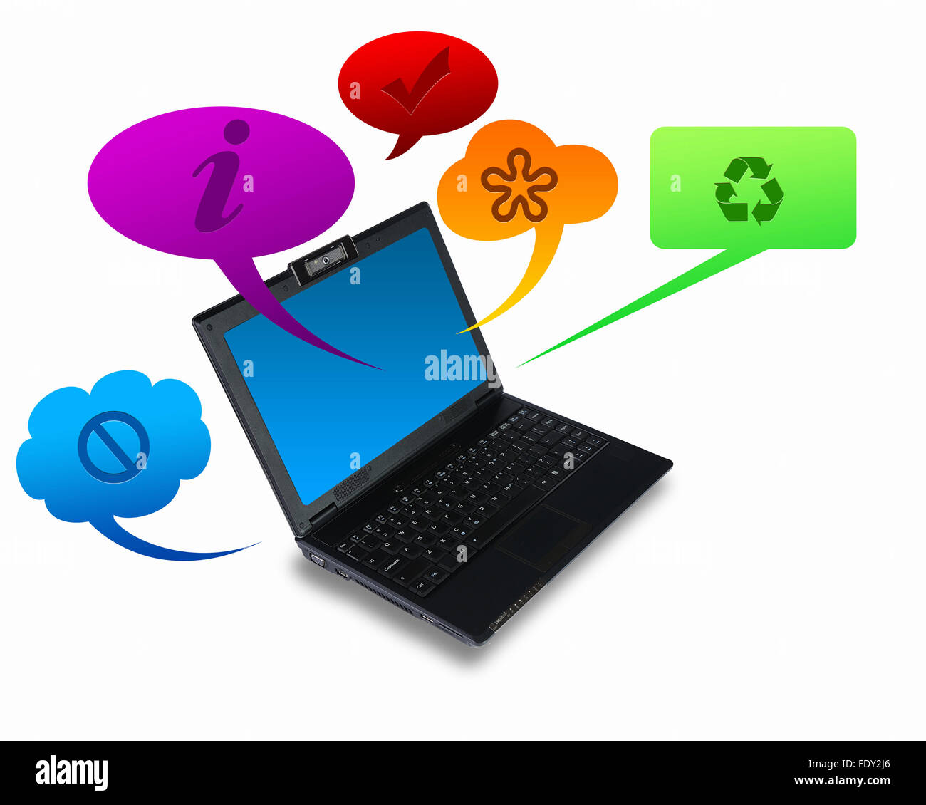 Immagine di un computer portatile con simboli di comunicazione e di rete Foto Stock