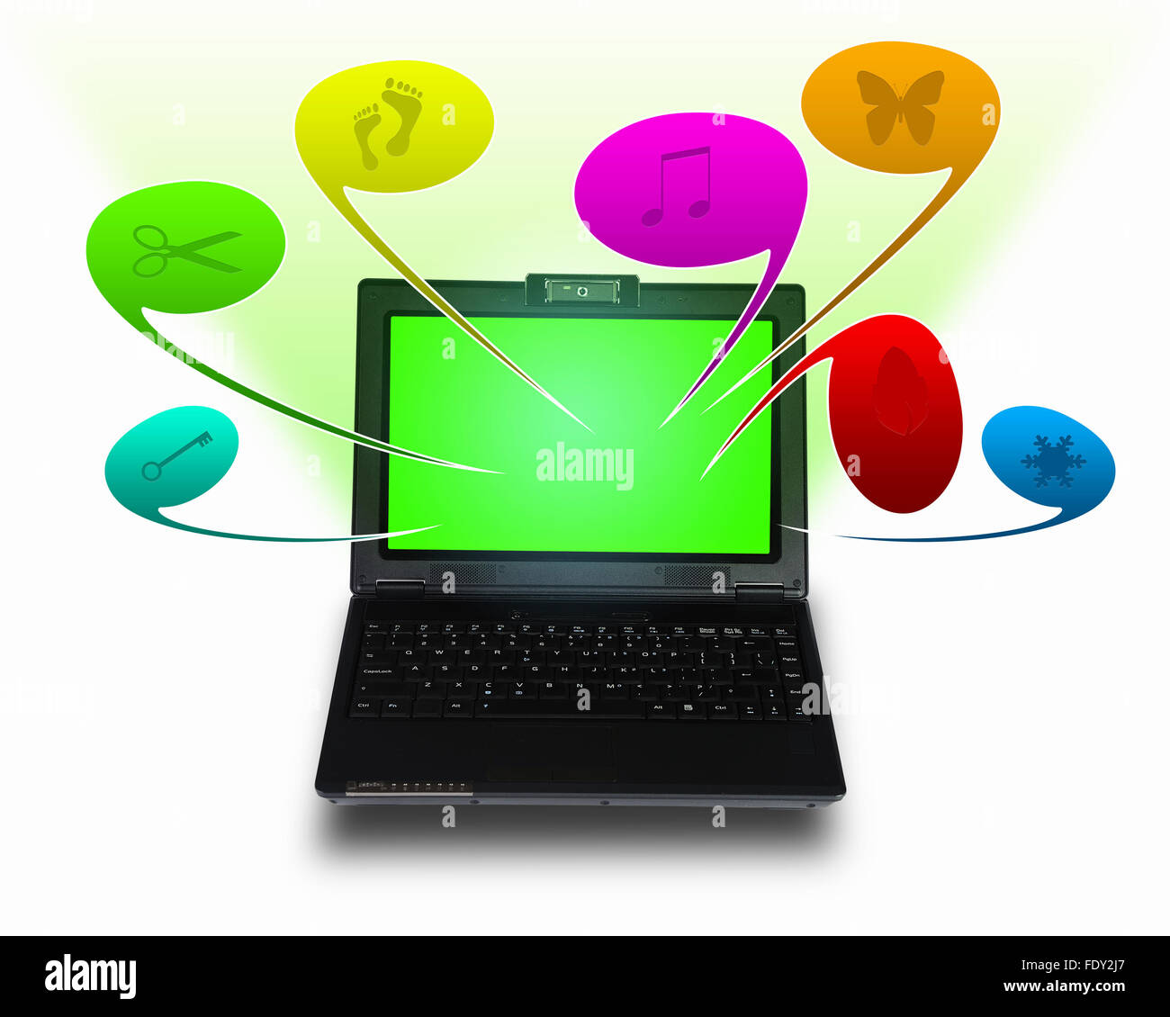 Immagine di un computer portatile con simboli di comunicazione e di rete Foto Stock