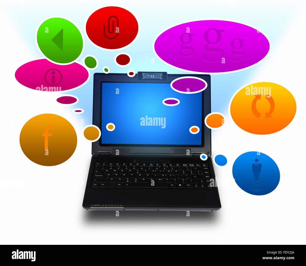 Immagine di un computer portatile con simboli di comunicazione e di rete Foto Stock