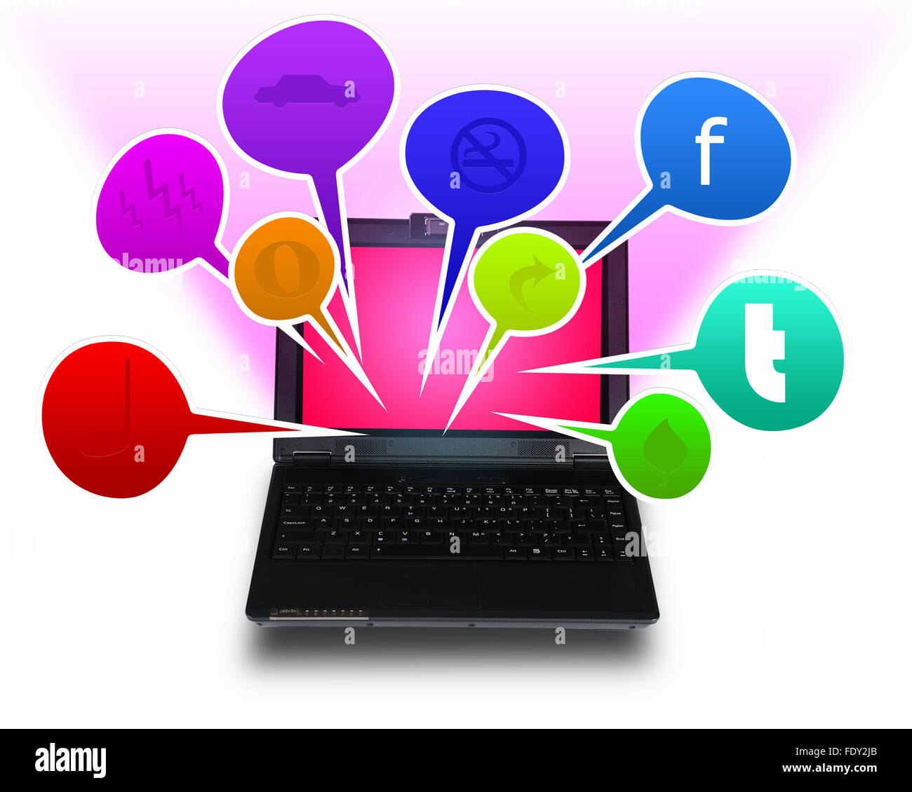 Immagine di un computer portatile con simboli di comunicazione e di rete Foto Stock