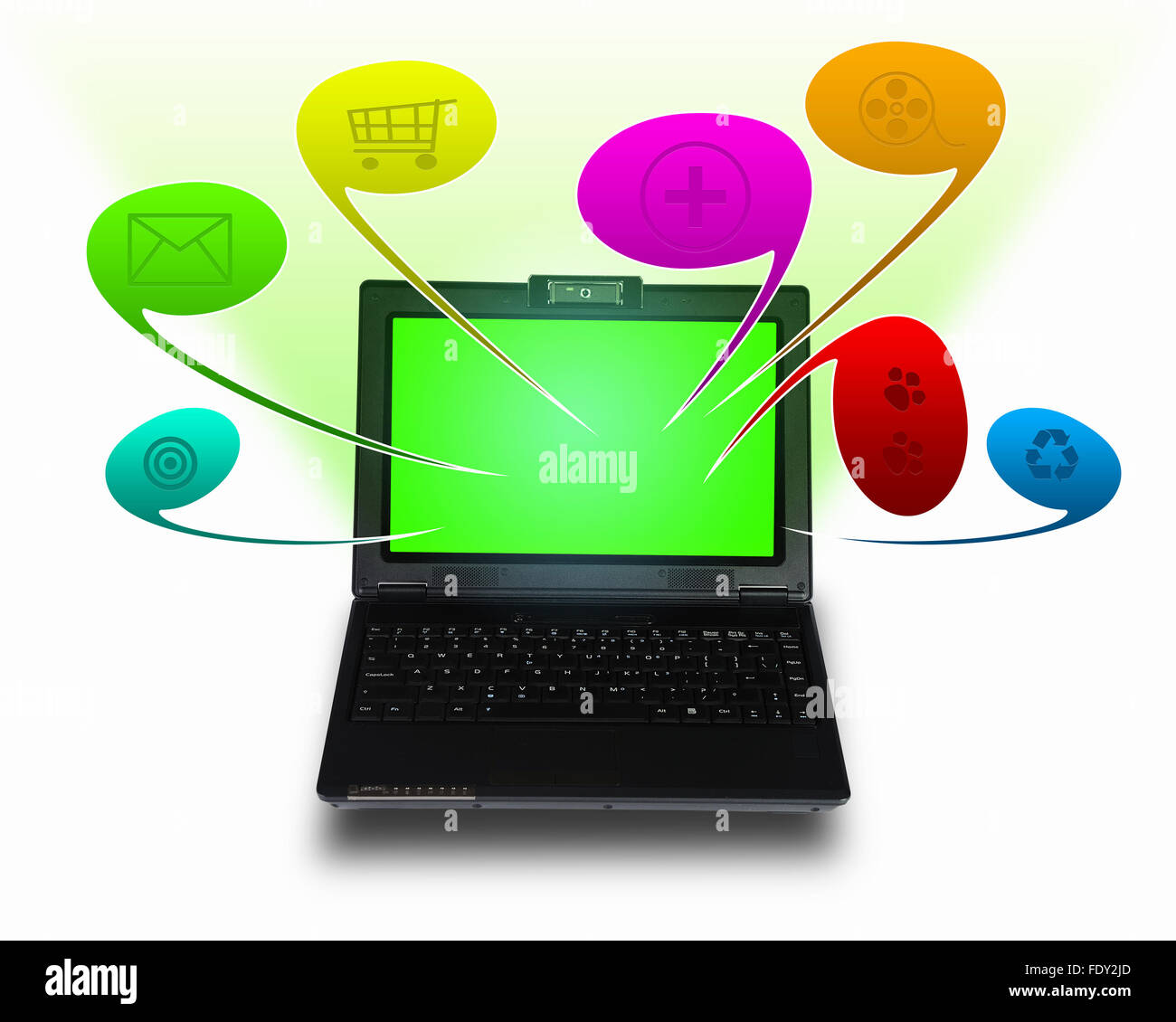 Immagine di un computer portatile con simboli di comunicazione e di rete Foto Stock