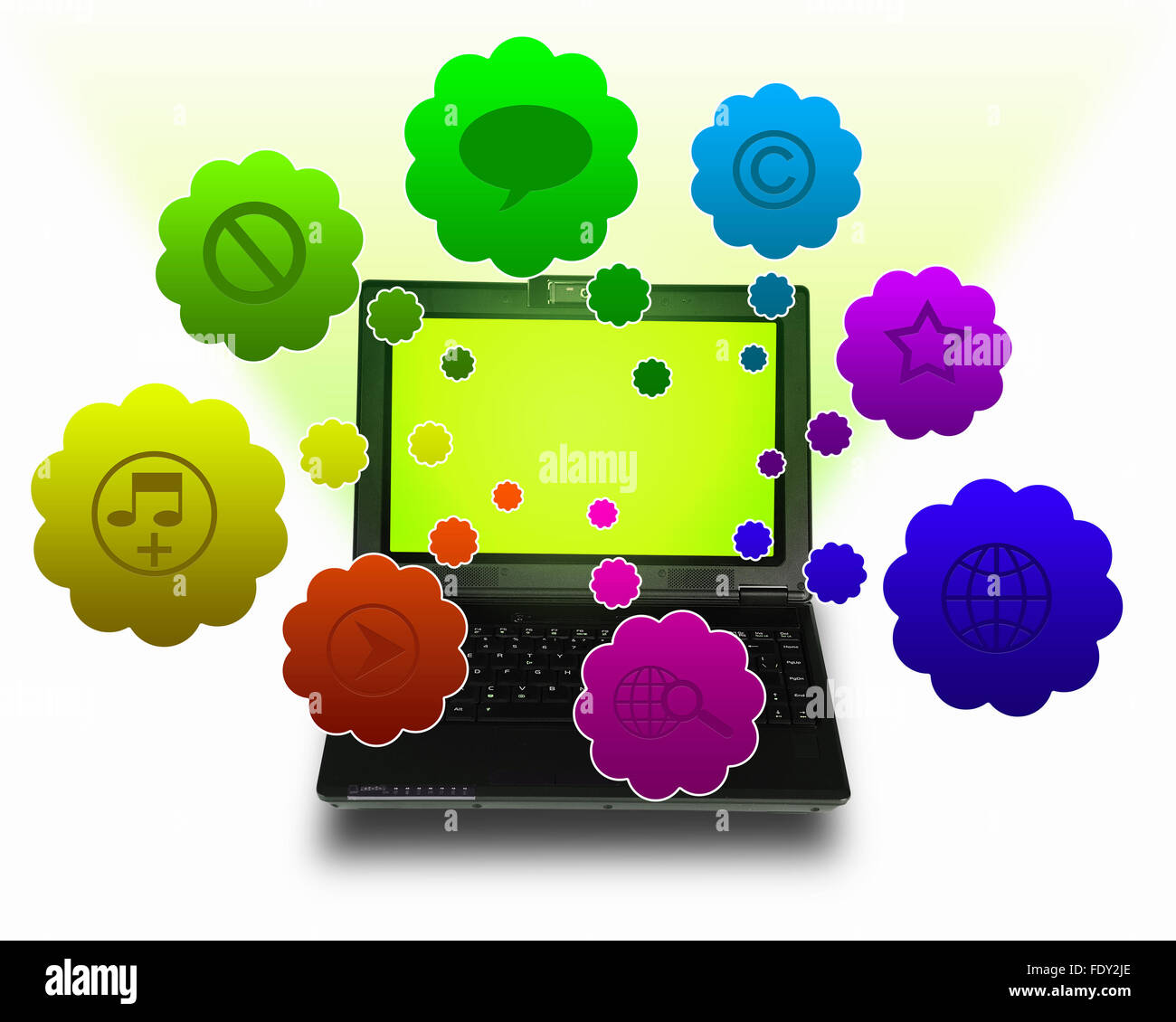 Immagine di un computer portatile con simboli di comunicazione e di rete Foto Stock