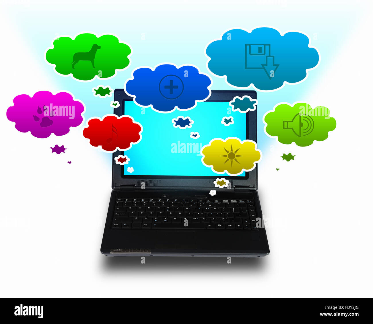 Immagine di un computer portatile con simboli di comunicazione e di rete Foto Stock