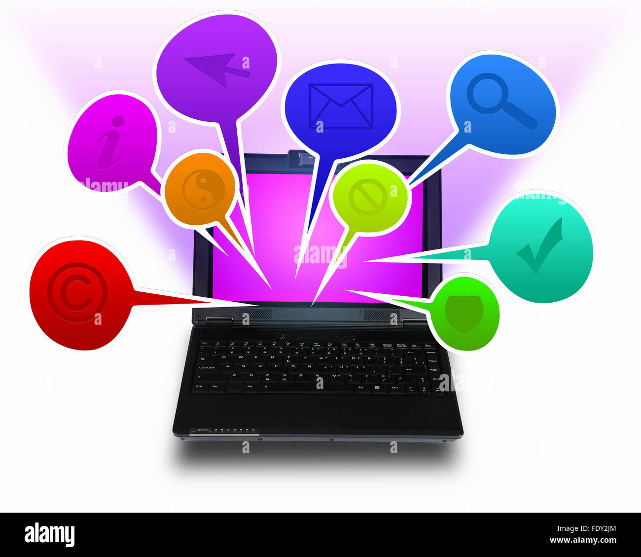 Immagine di un computer portatile con simboli di comunicazione e di rete Foto Stock