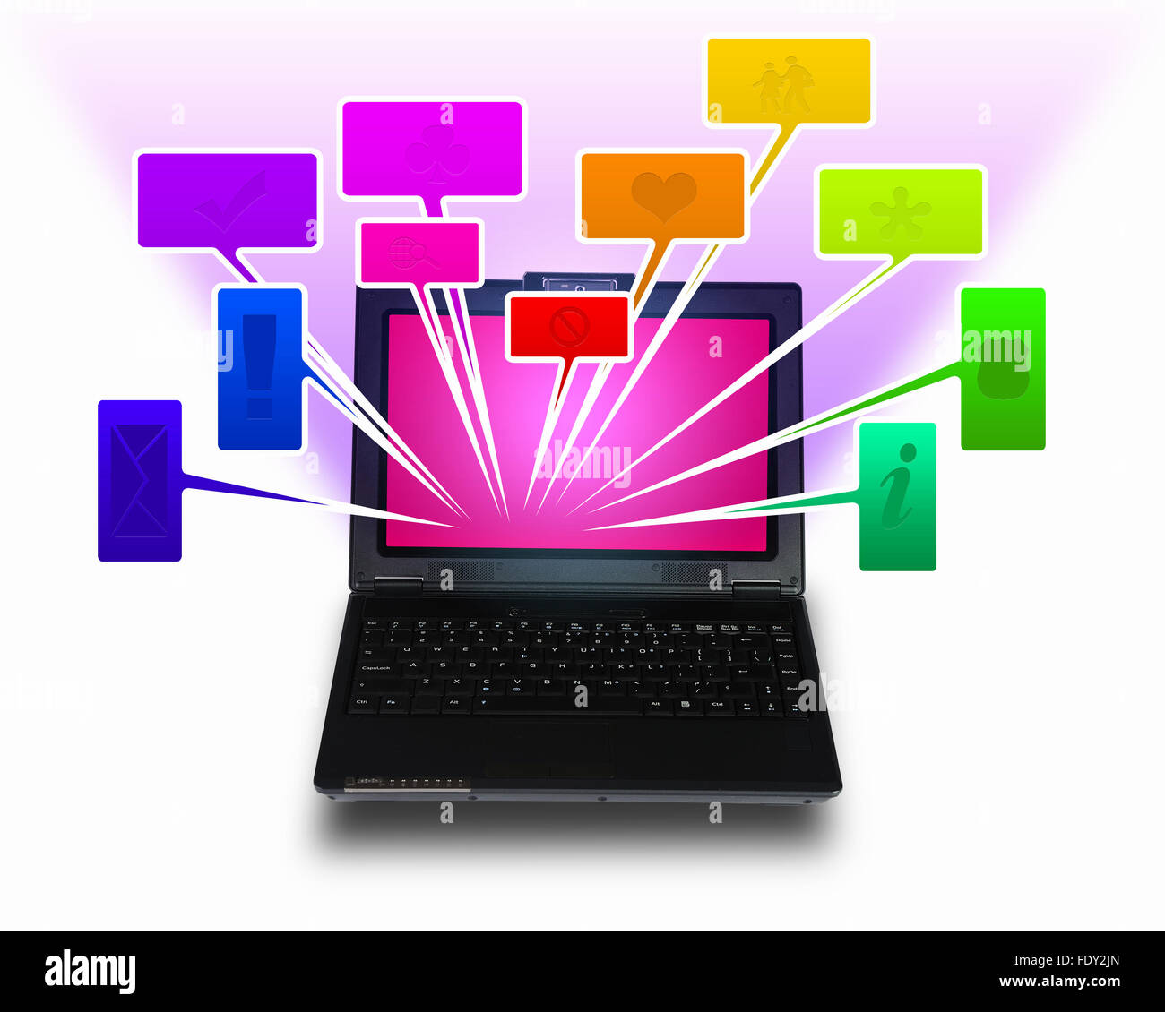 Immagine di un computer portatile con simboli di comunicazione e di rete Foto Stock