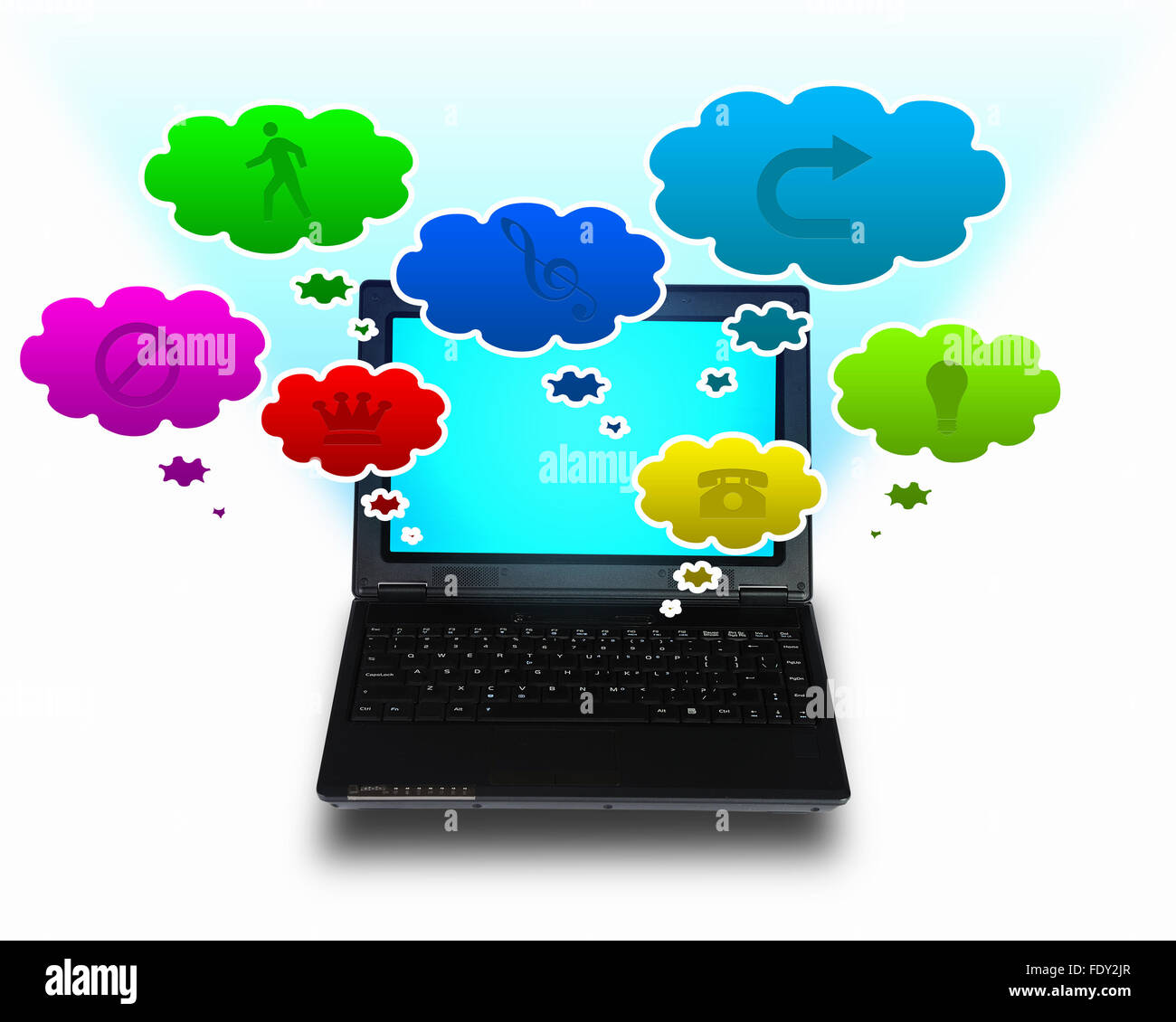 Immagine di un computer portatile con simboli di comunicazione e di rete Foto Stock