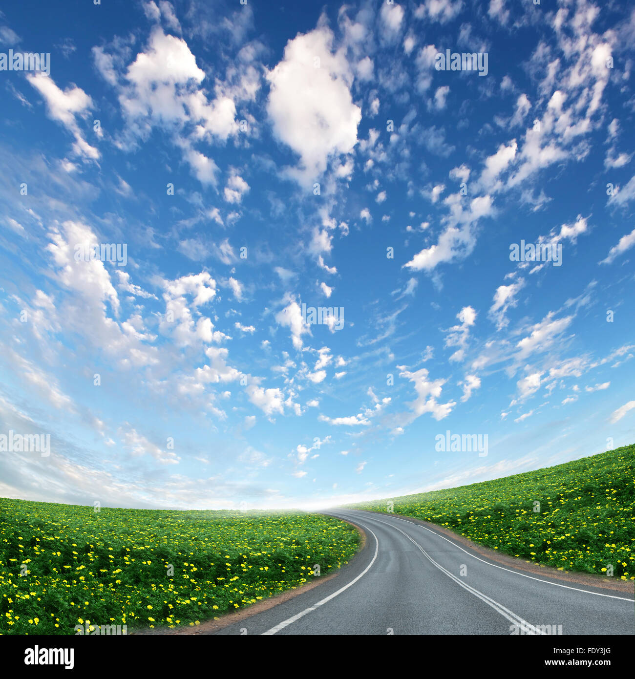 Immagine vuota della strada che conduce verso l'orizzonte e cielo molto nuvoloso Foto Stock
