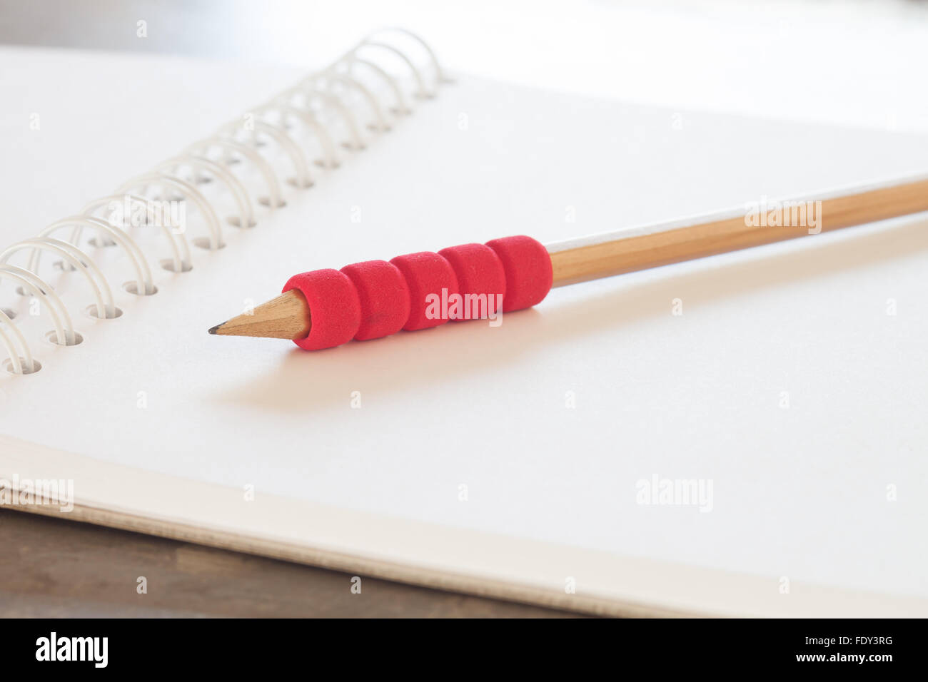 Blank notebook con matita su uno sfondo grigio, la concezione di business Foto Stock