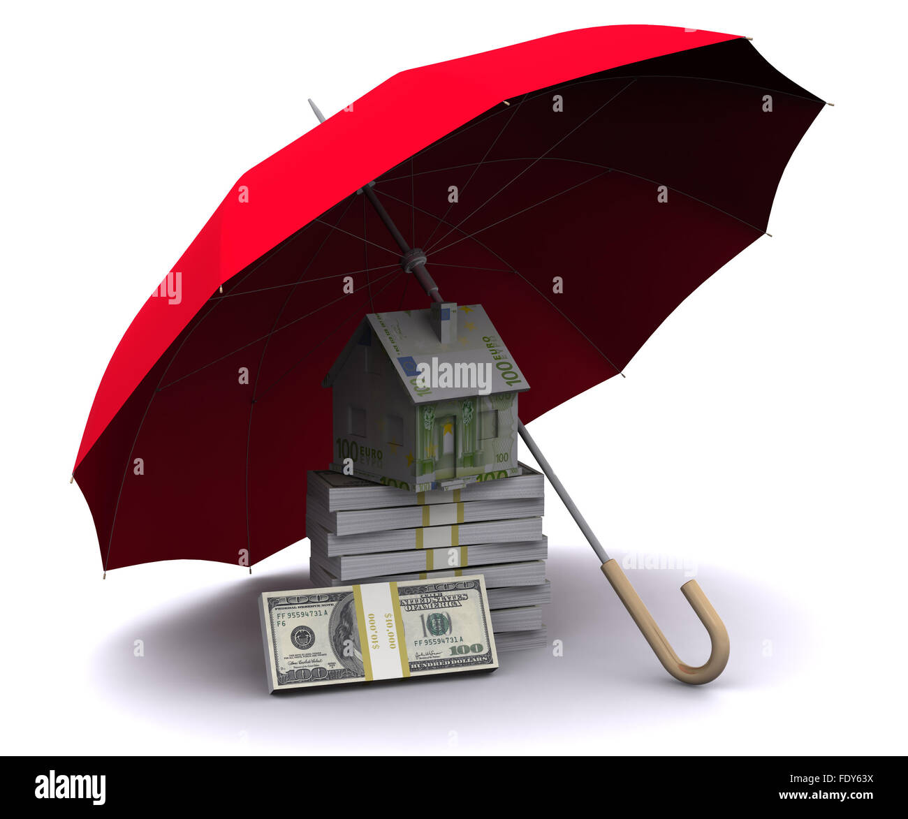 La piccola casa come un buon business immobiliare su uno sfondo bianco. La grafica 3D. Foto Stock