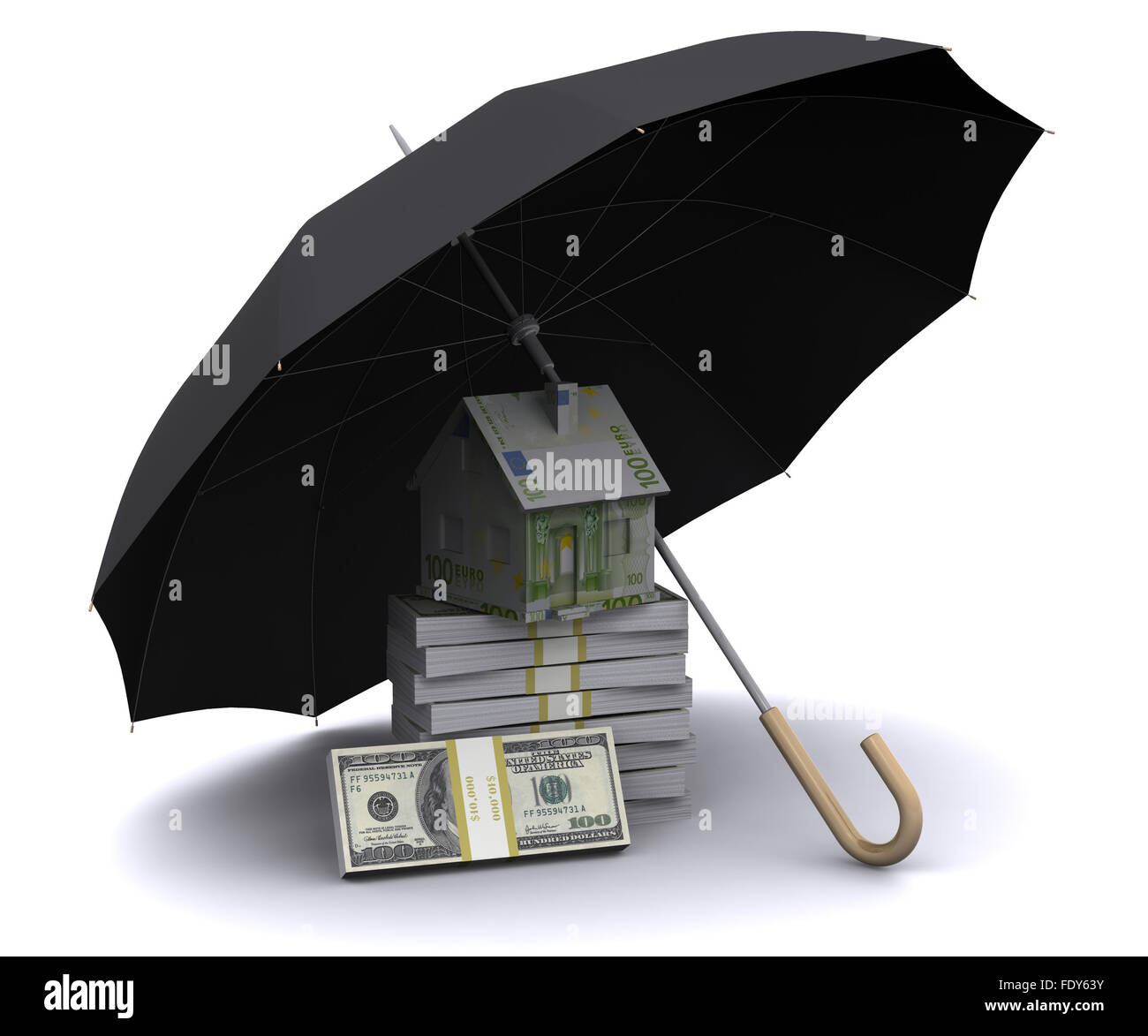 La piccola casa come un buon business immobiliare su uno sfondo bianco. La grafica 3D. Foto Stock