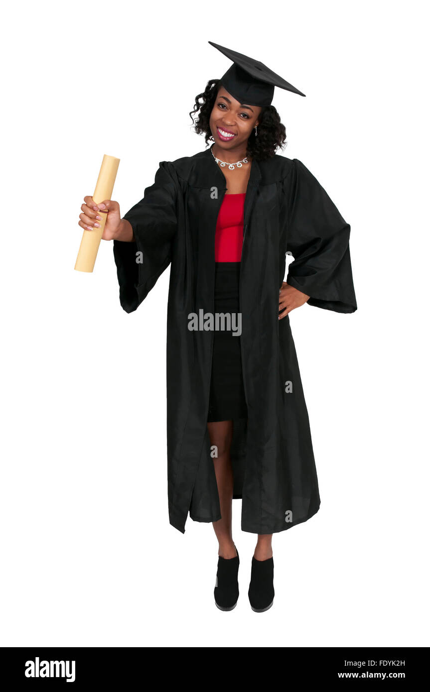 Giovane nero americano africano donna nelle sue vesti di graduazione Foto Stock