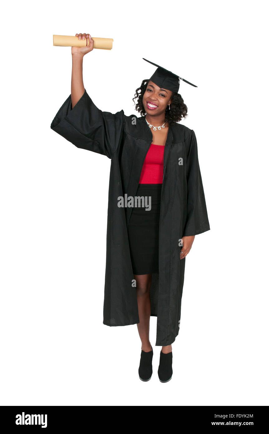 Giovane nero americano africano donna nelle sue vesti di graduazione Foto Stock