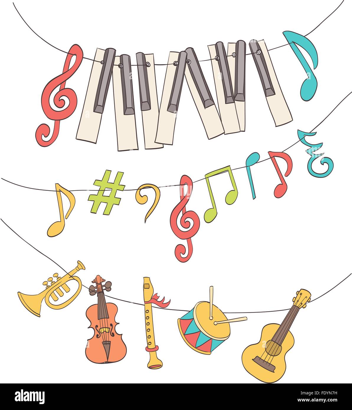 Carino segni musicali, note di tasti di pianoforte, bambini strumenti impiccato su un bunting. vettore di cartoon Illustrazione Vettoriale