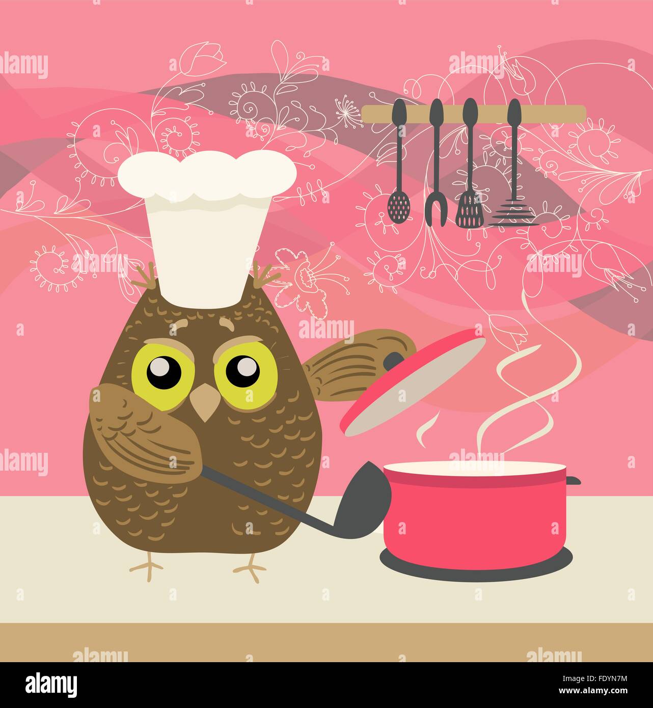 Carino il gufo con un bawl cucina in cucina su decorativo sullo sfondo floreale Illustrazione Vettoriale