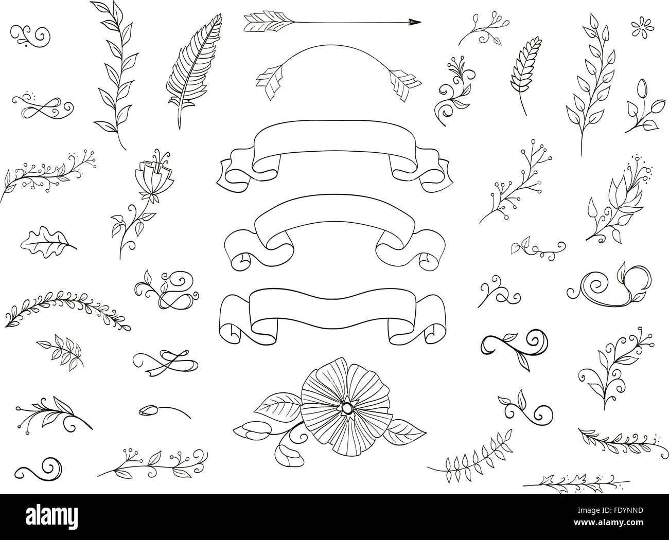 Set di design floreale elementi. doodle ghirlande, frecce, fiori, foglie, nastri di vettore. Illustrazione Vettoriale