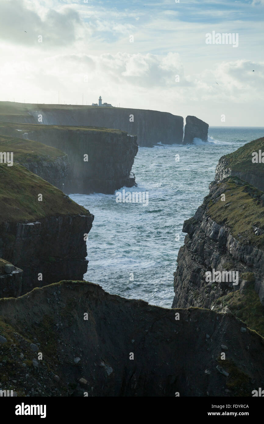 Scogliere sul mare sotto il Loop Head Lighthouse, County Clare, Irlanda. Foto Stock