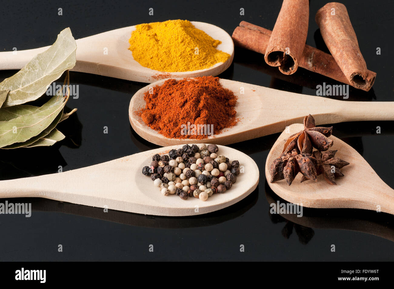 Varietà di spezie ed erbe aromatiche Foto Stock