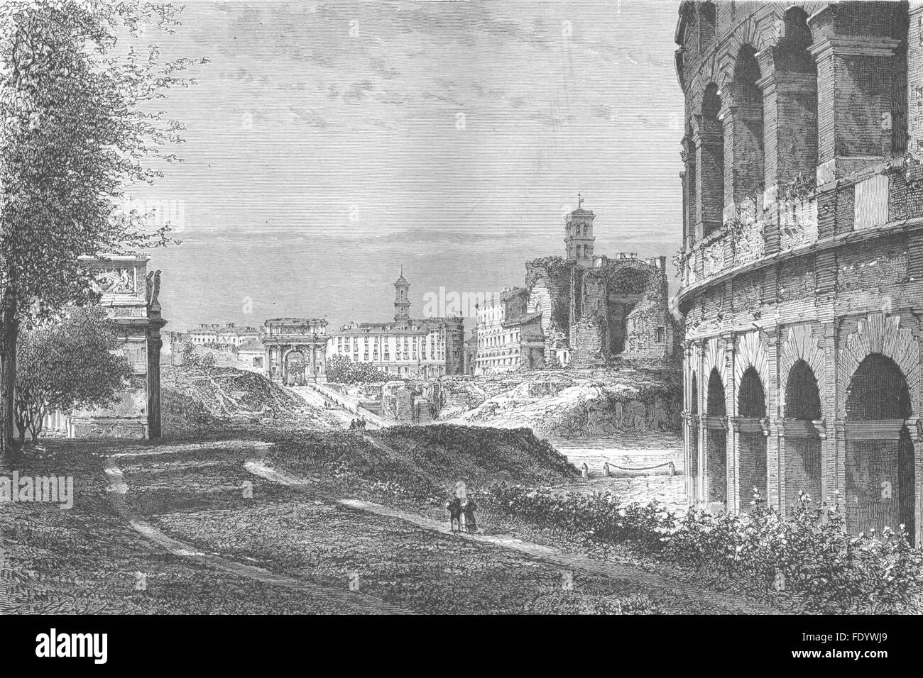 Roma: Forum, via Sacra, Tempio di Venere, Tito Arch, antica stampa 1872 Foto Stock