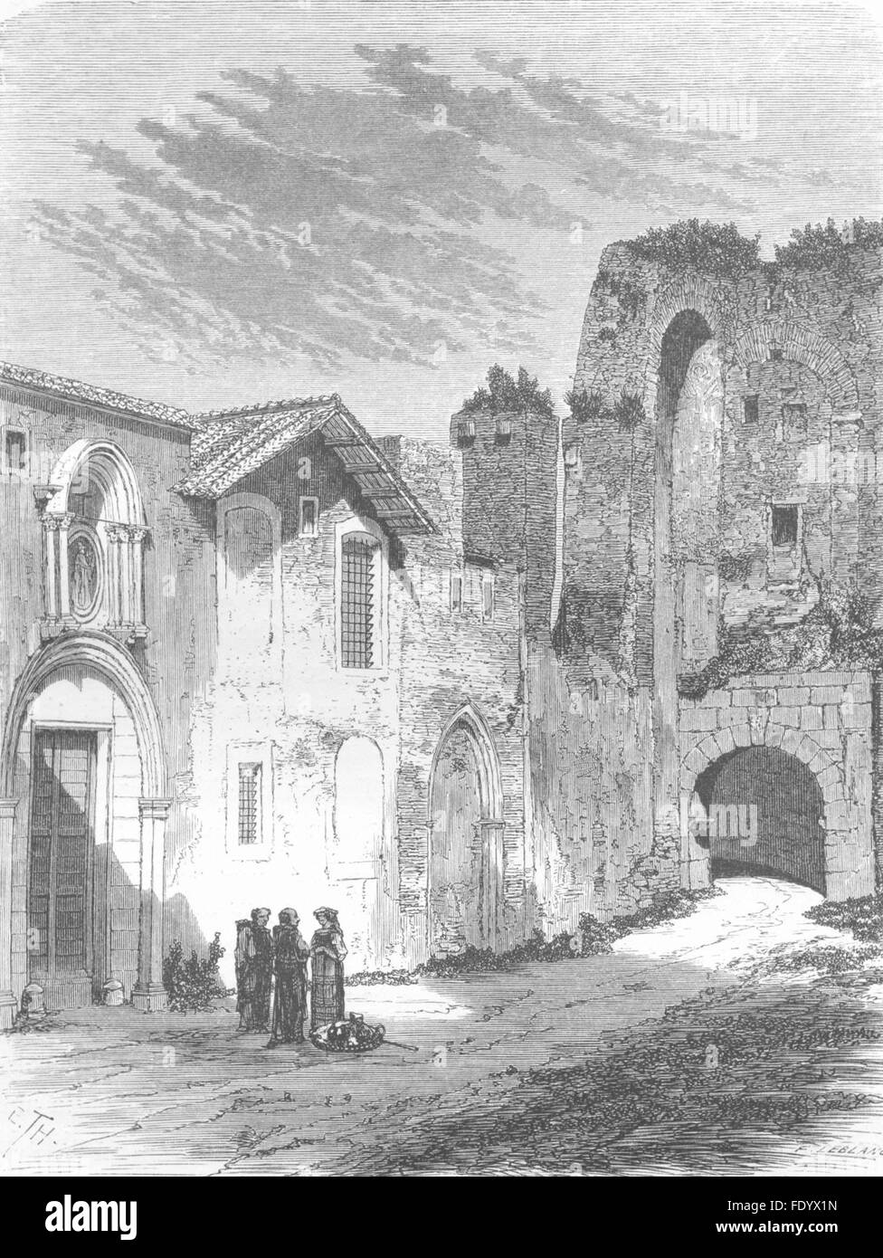 Roma: Arco di Dolabella & Gate trinitari del convento, antica stampa 1872 Foto Stock