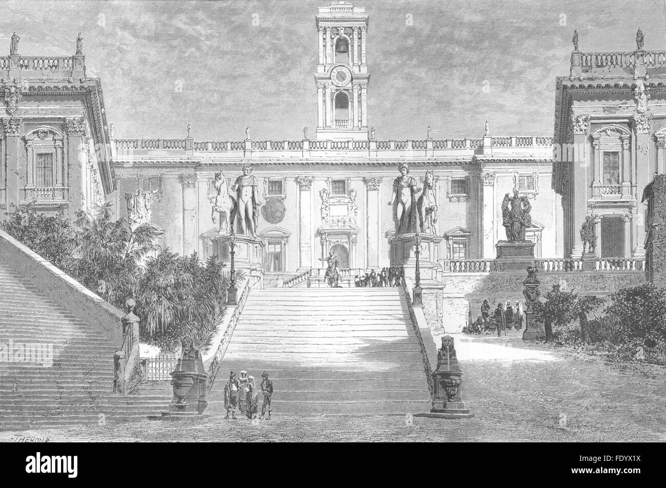 Roma: Palazzo Senatoriale, Capitol; Dioscuri, antica stampa 1872 Foto Stock