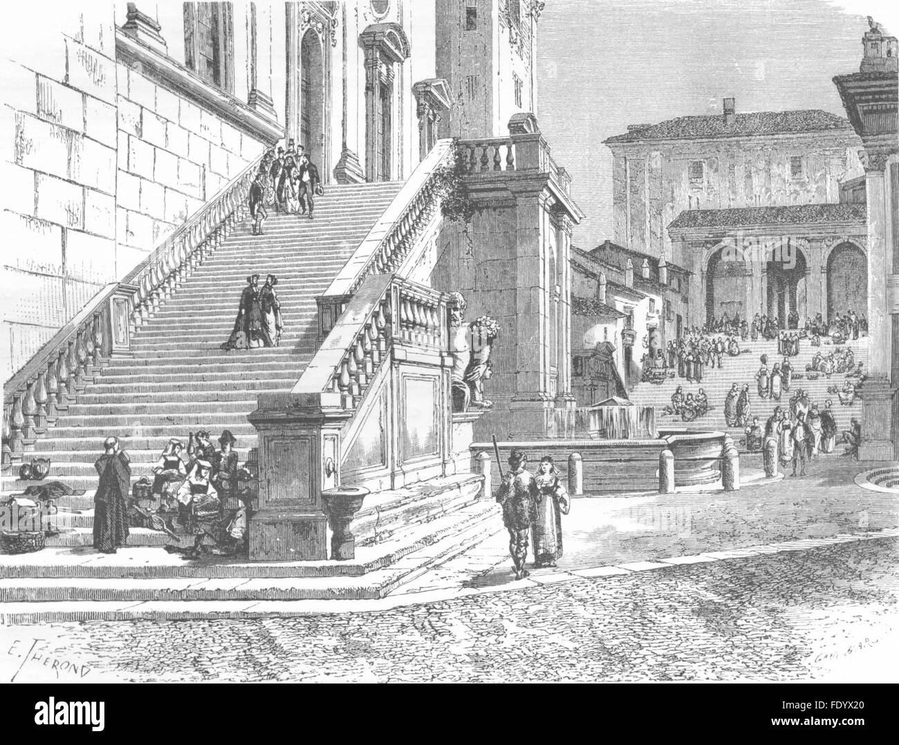 Roma: i passi del Palazzo Senatoriale: Tarpeian scale, antica stampa 1872 Foto Stock