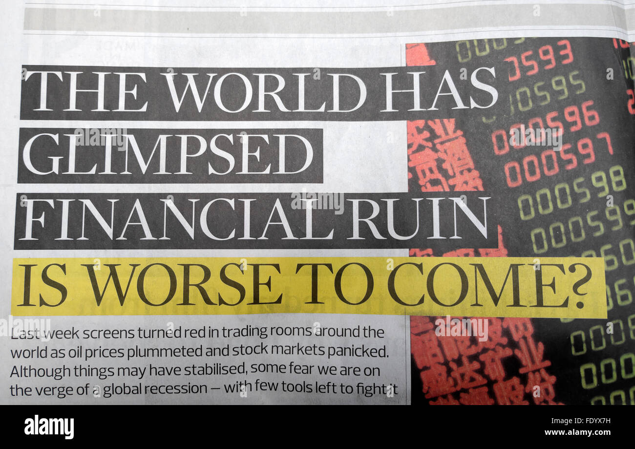 Il titolo del giornale Guardian "The World has glimpsed Financial ruin is worm to come?" 24 gennaio 2016 Londra Inghilterra Gran Bretagna Regno Unito Foto Stock